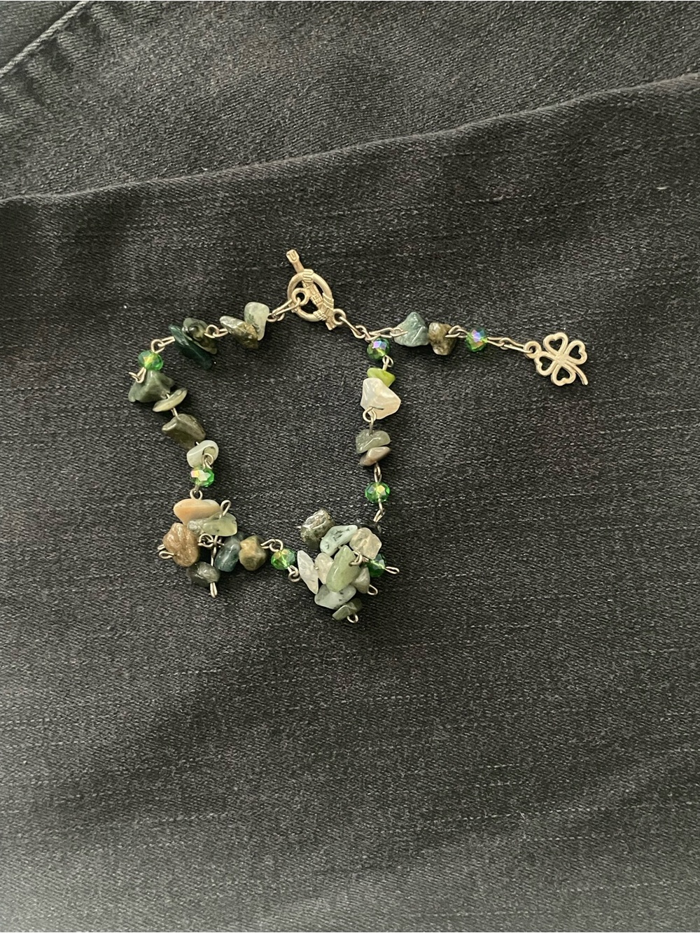 Handmade Green Beaded Semi-Precious Mossy Agate Chip Bracelet with Clover Charm